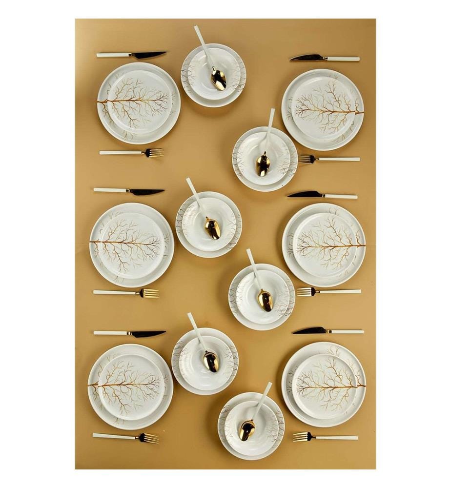 Service de Table 24 Pièces en Céramique - Blanc et Or