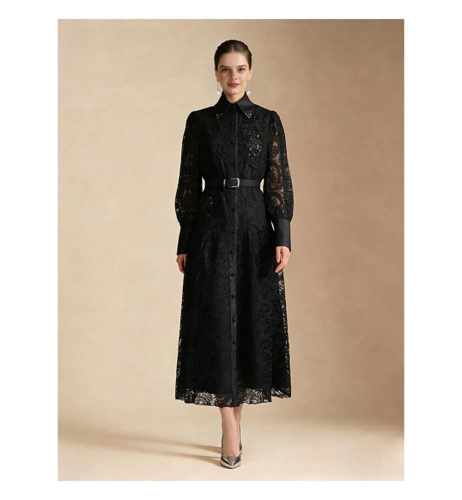 Vintage Lace Belted Shirt Maxi Dress - Black