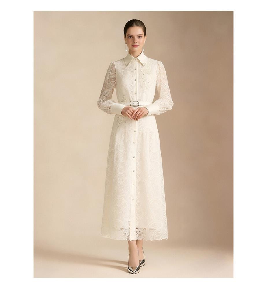 Vintage Lace Belted Shirt Maxi Dress - Ivory