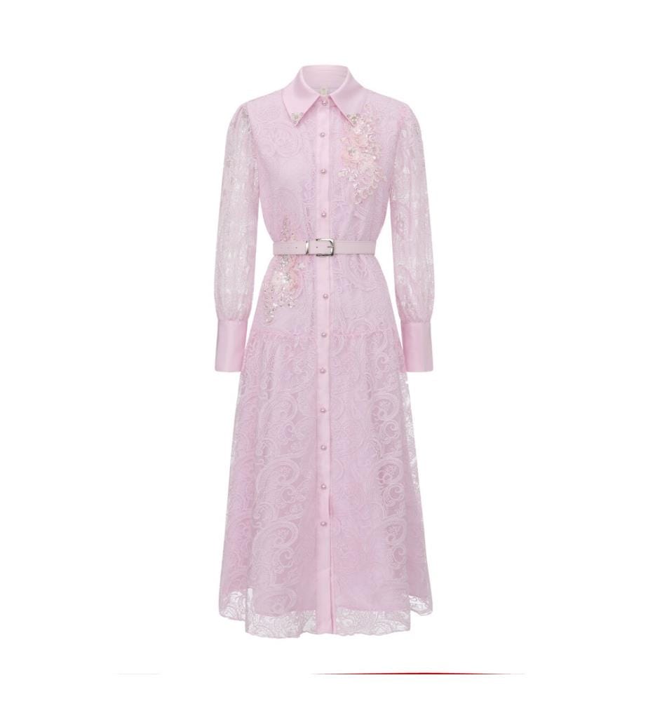 Vintage Lace Belted Shirt Maxi Dress - Pink