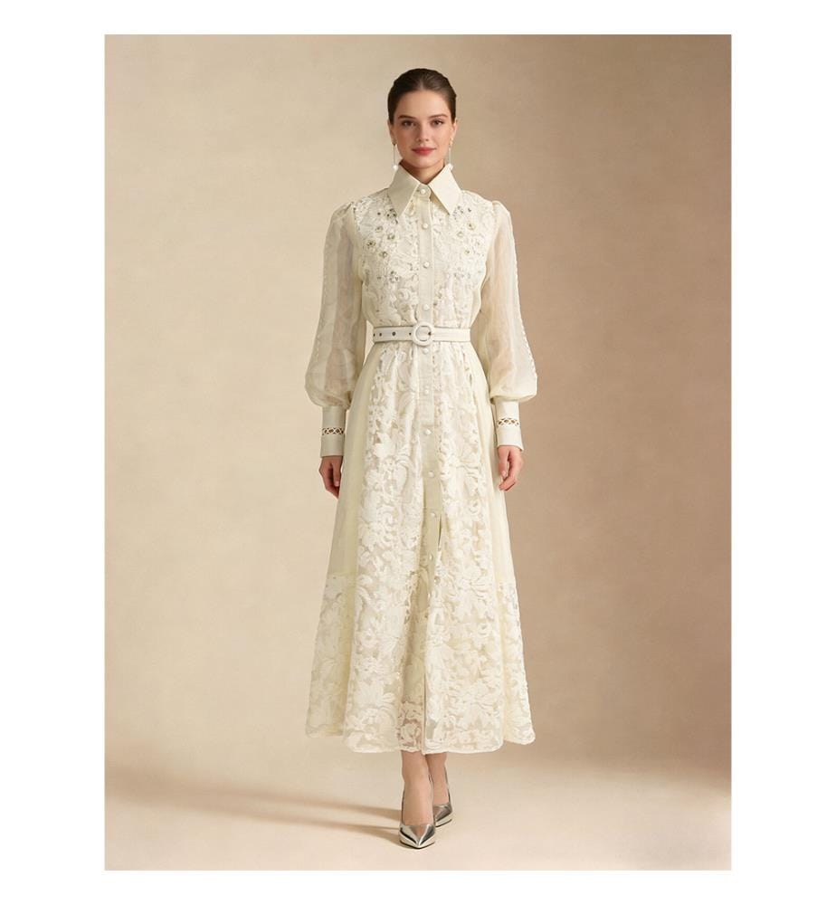 Elegant Embroidered Sheer Sleeve Maxi Dress - Ivory (robe longue à manches transparentes brodées)