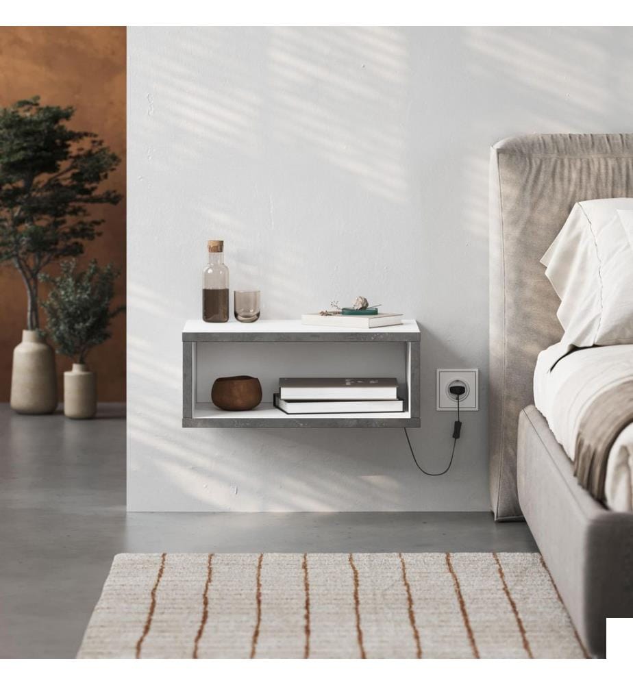 Table de chevet, panneau de particules 100 % mélaminé, blanc, gris rétro