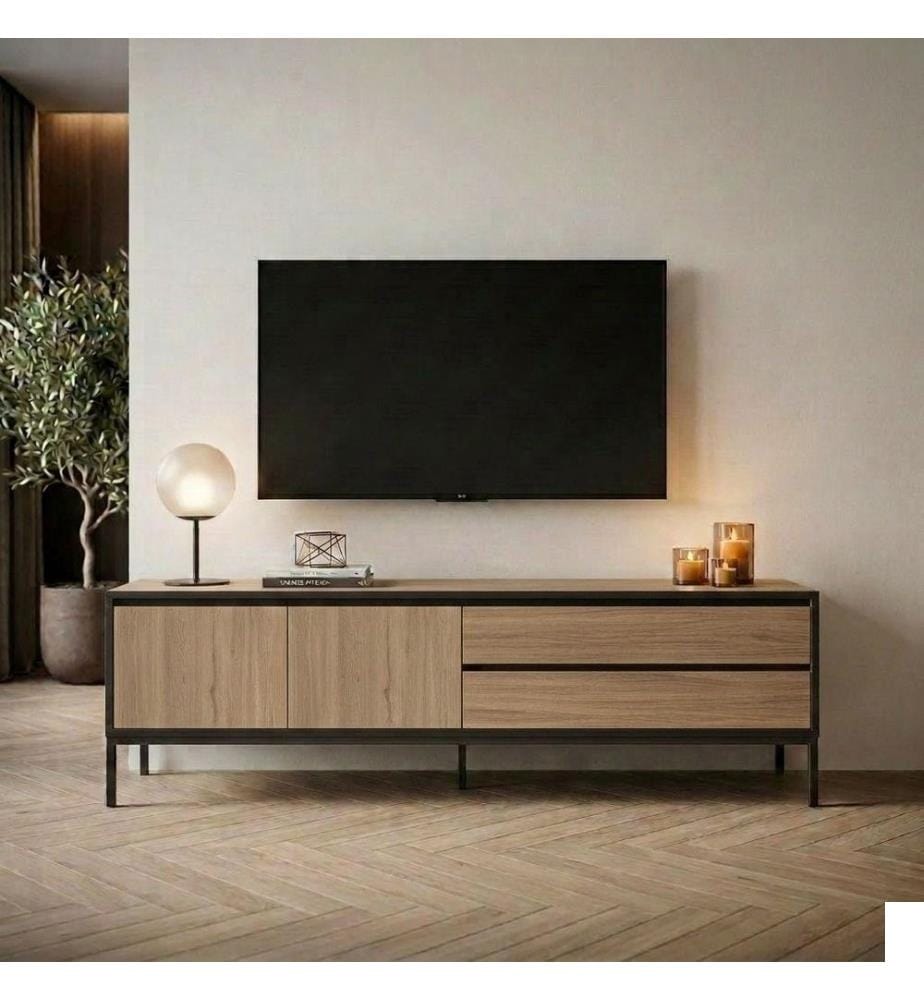 Meuble TV, panneaux de particules 100 % mélaminés, chêne Sepet, bois noir, noir
