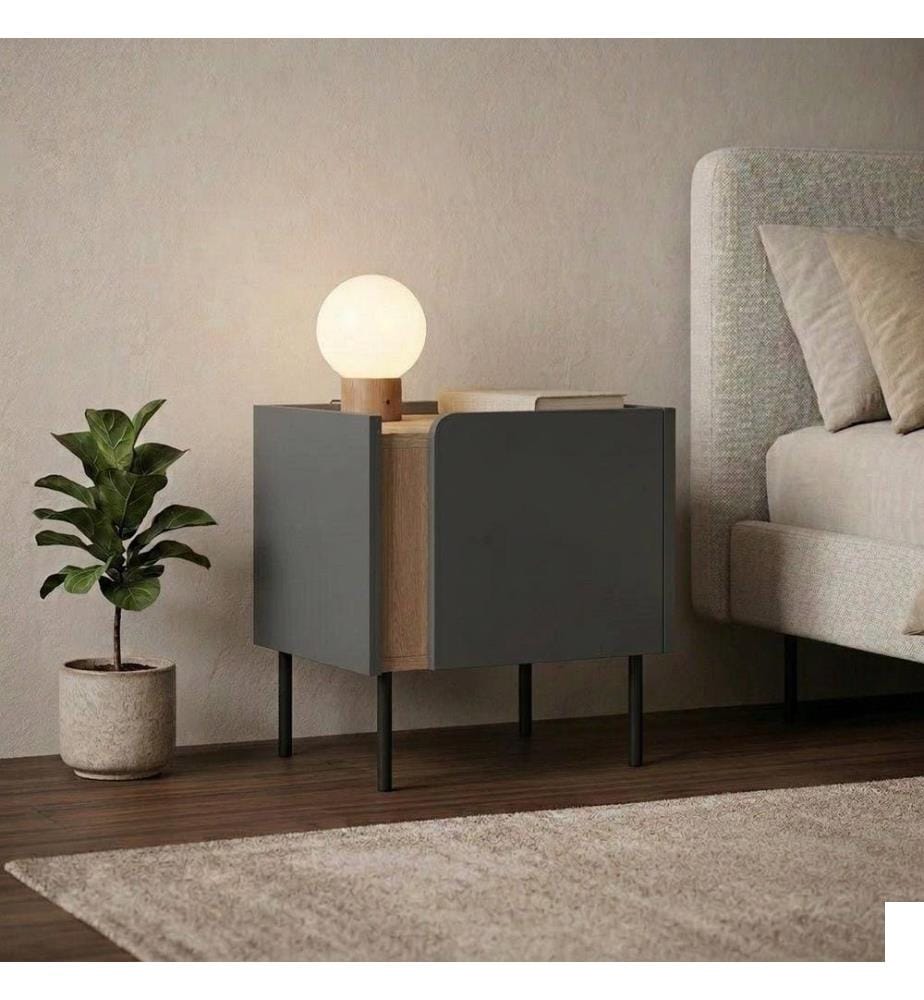 Table de chevet, panneau de particules 100 % mélaminé, chêne Sepet, anthracite, noir