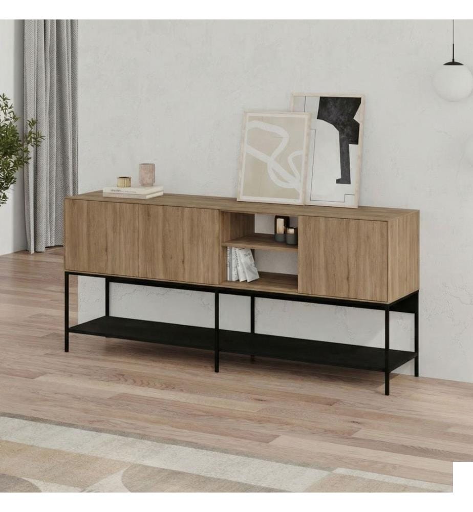 Console, panneau de particules 100 % mélaminé, chêne Sepet, bois noir, noir