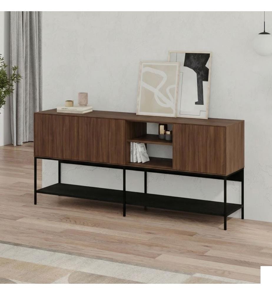 Console, panneau de particules 100 % mélaminé, noyer Milano, bois noir, noir