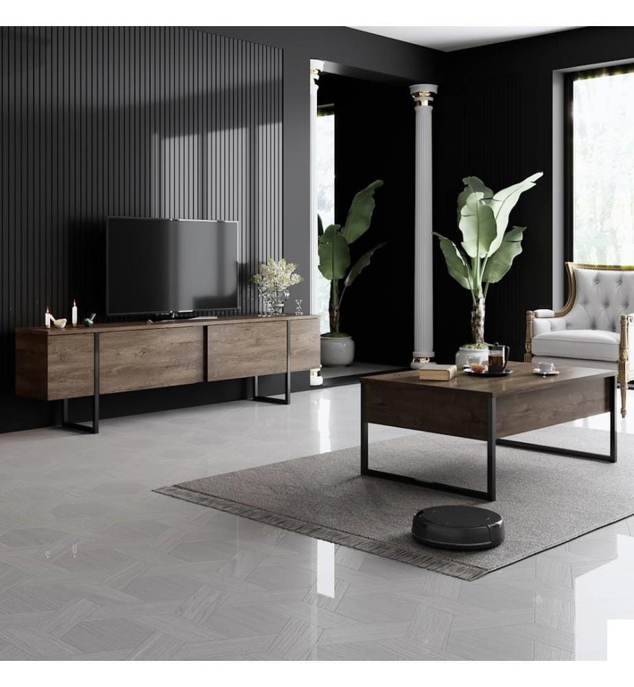 Ensemble de meubles de salon, noyer, noir, panneaux de particules mélaminés