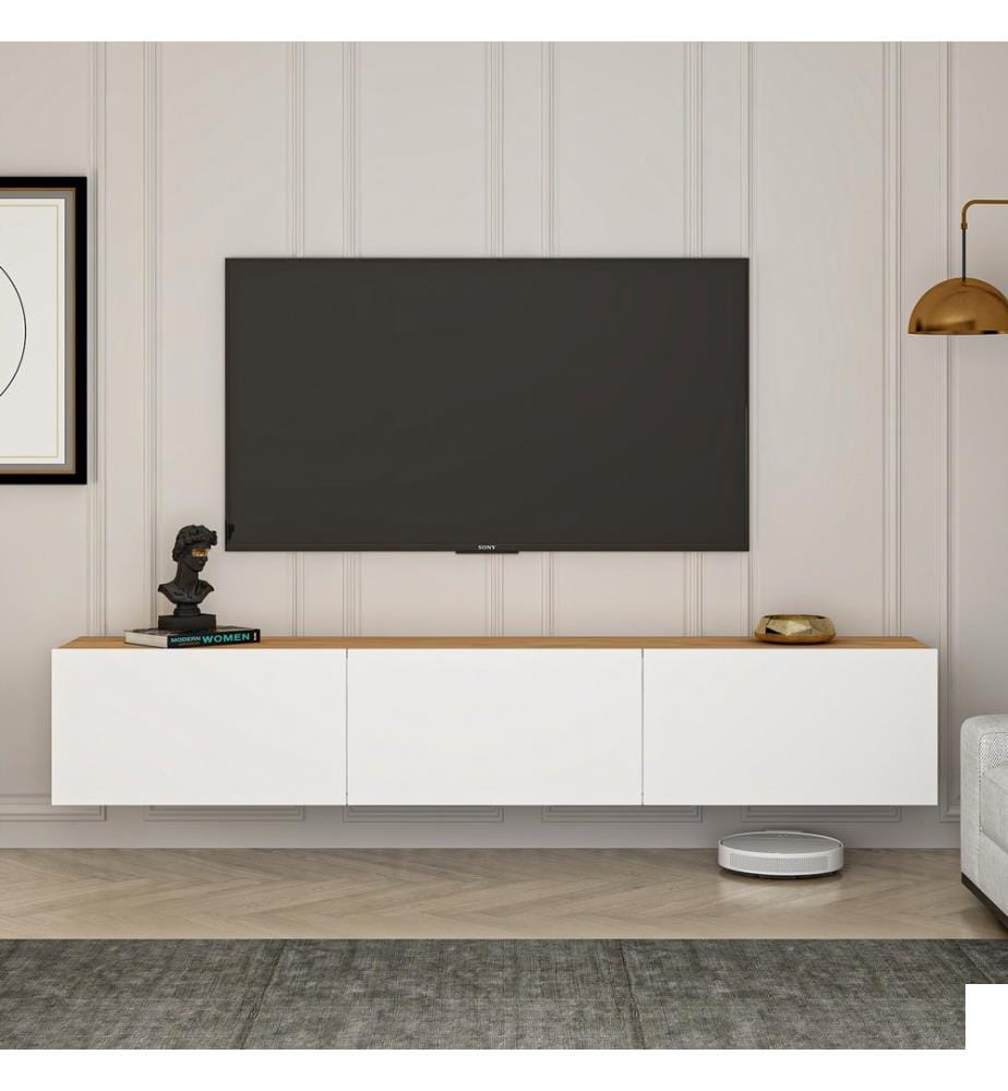 Meuble TV, blanc, pin de l'Atlantique, 100 % panneaux de particules recouverts de mélamine