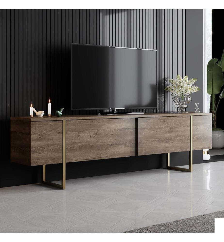 Meuble TV, noyer, doré, panneaux de particules mélaminés