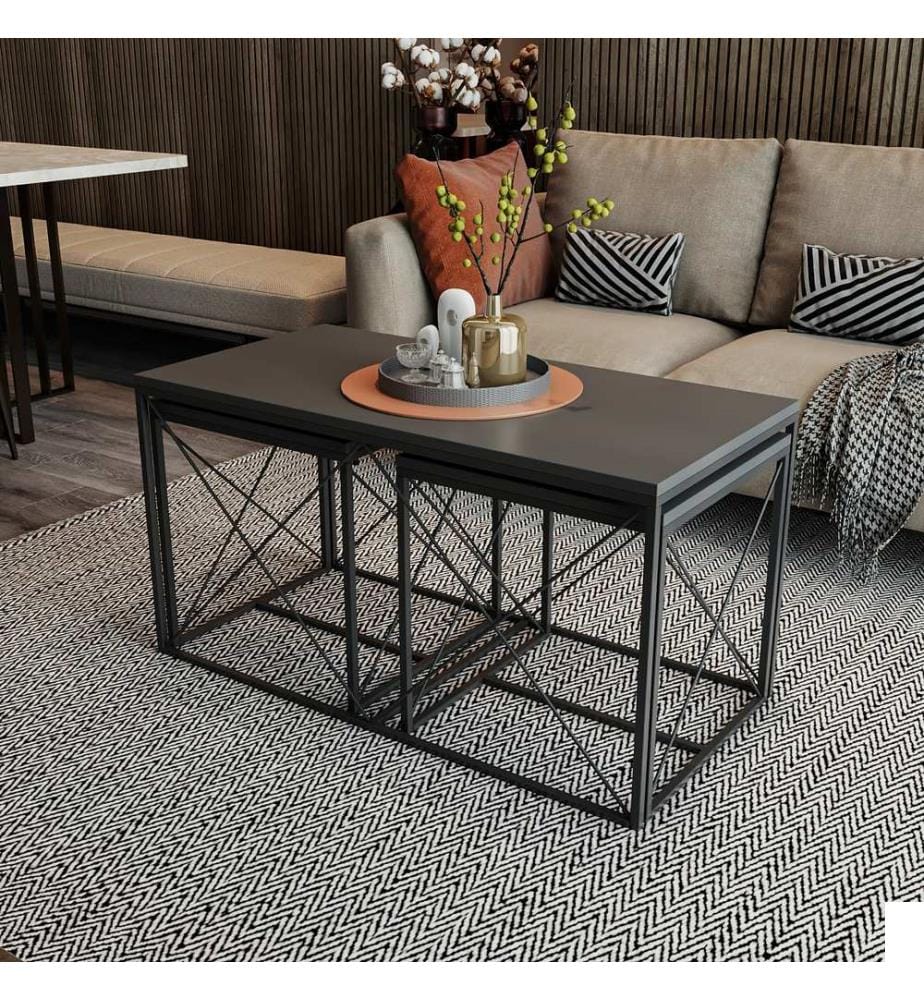 Ensemble table basse, anthracite, noir, panneaux de particules mélaminés, pieds en métal