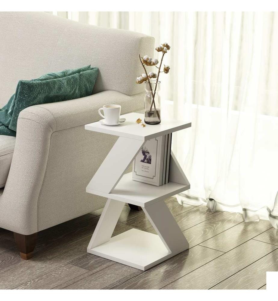 Table d'appoint blanche en panneaux de particules mélaminés.