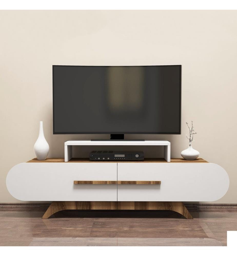Meuble TV, noyer, blanc, panneaux de particules mélaminés