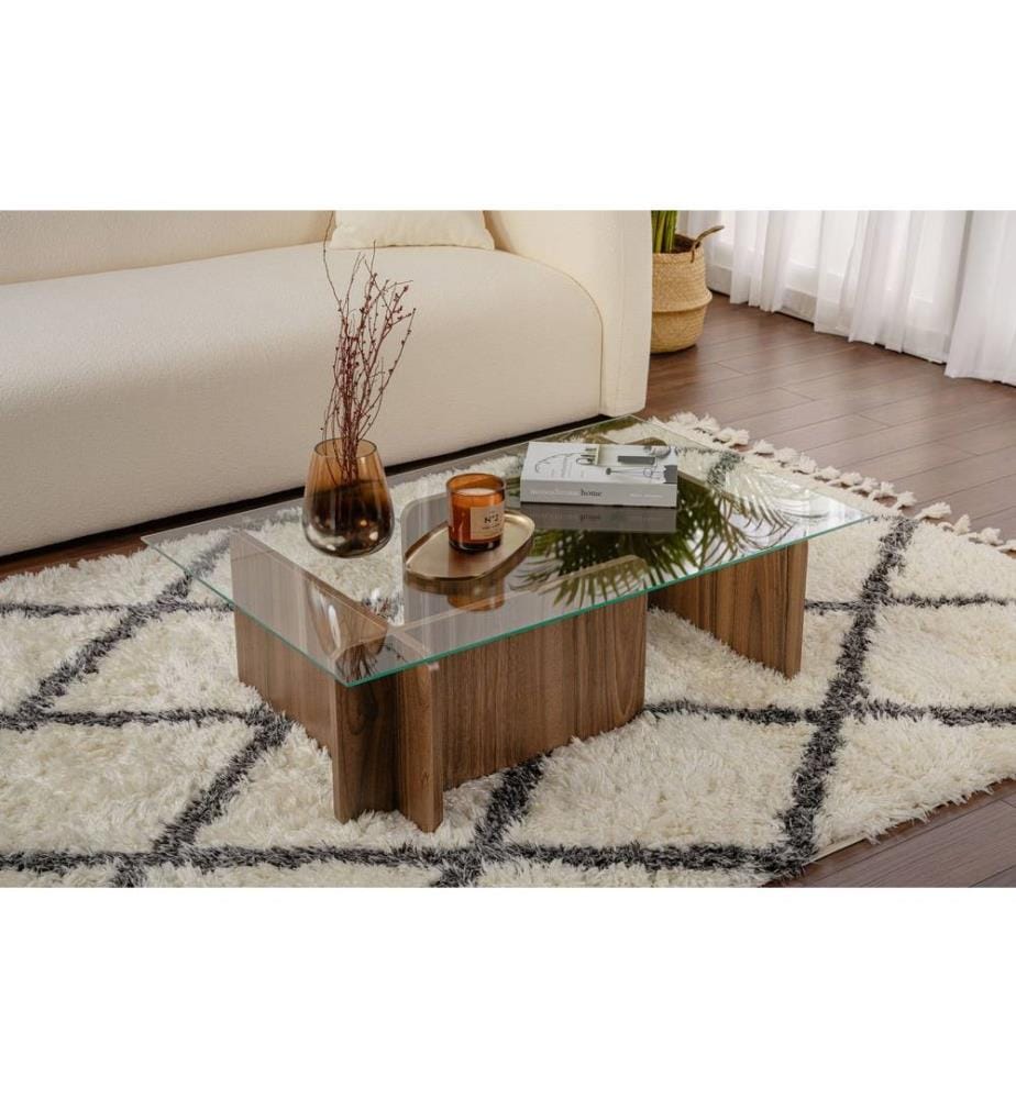Table basse, noyer, verre trempé 100 %, structure : panneau de particules recouvert de mélamine 100 %