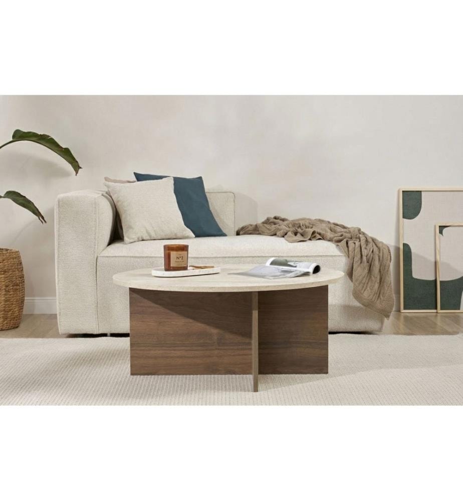 Table basse, travertin, noyer Venezia, panneau de particules 100% recouvert de mélamine