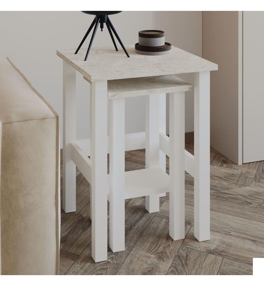 Ensemble de tables d'appoint, panneaux de particules 100 % mélaminés, blanc, travertin