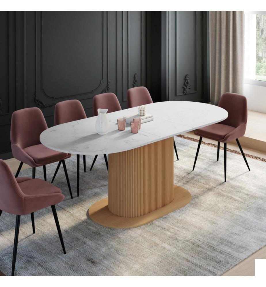 Table à manger arrondie extensible Maria effet marbre blanc et pied lattes Ø160-200cm
