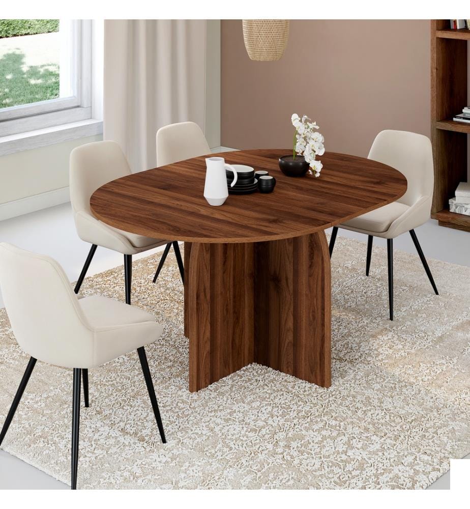 Table à manger ronde extensible Japandi effet noyer Ø110-150cm