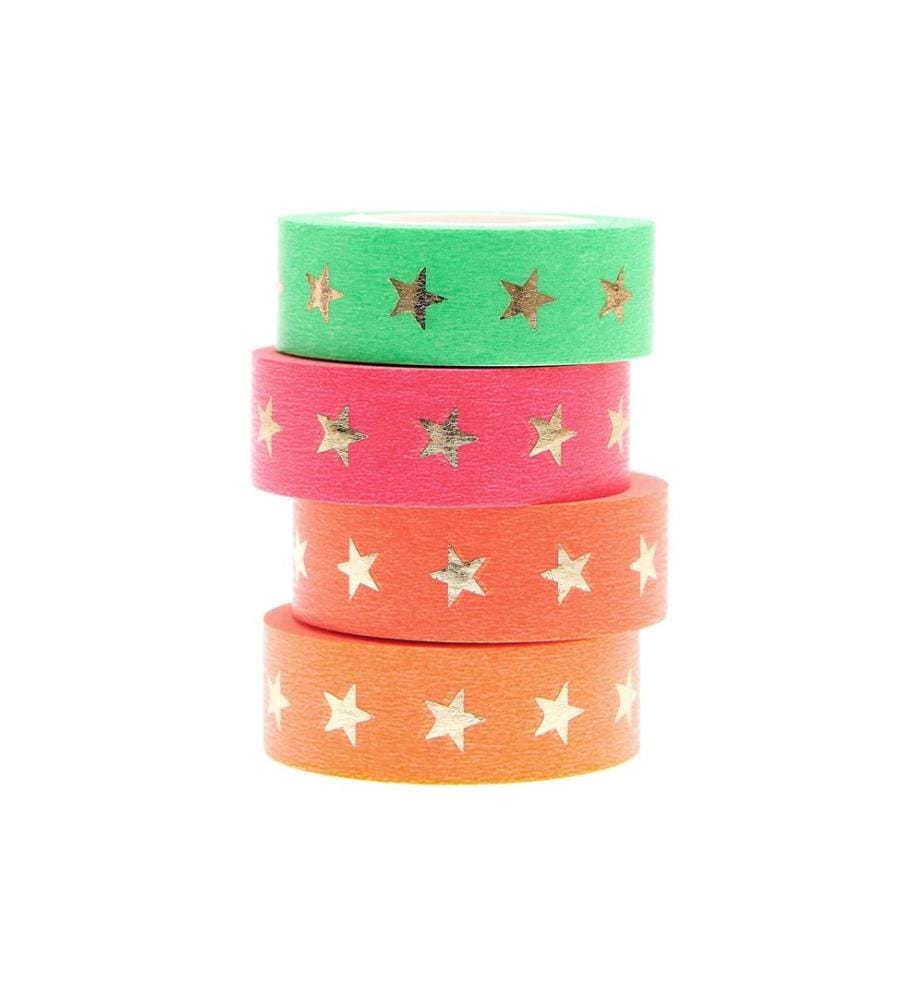Rico Design Washi Tape Étoiles 4 pièces, Couleurs néon, 10 m