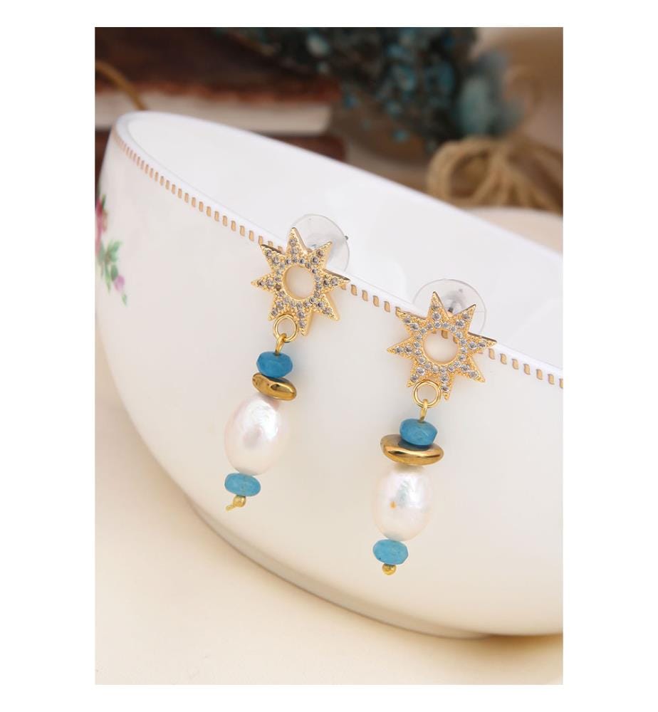 Boucles d'Oreilles Zircon et Turquoise - Bleu et Blanc