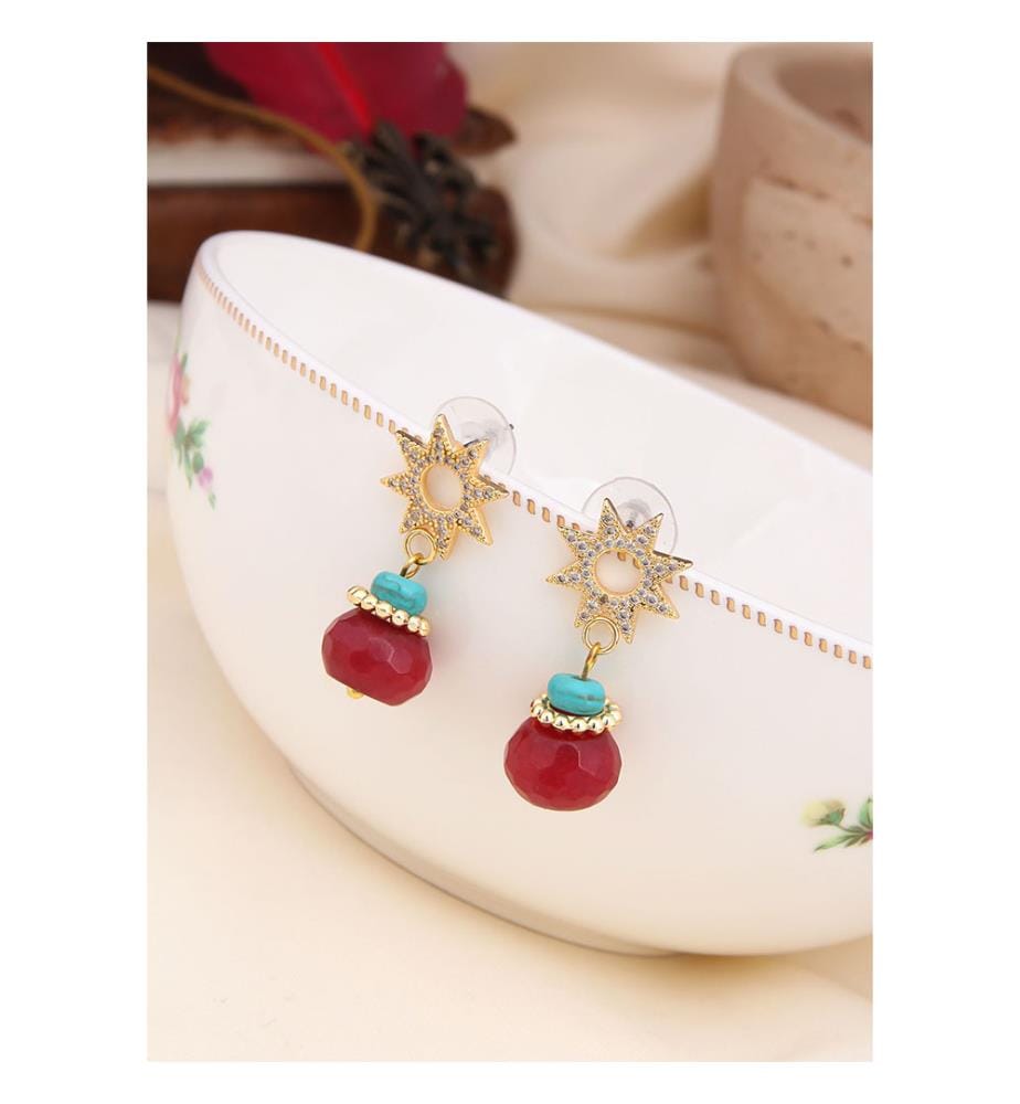 Boucles d'Oreilles Zircon et Agate - Rouge