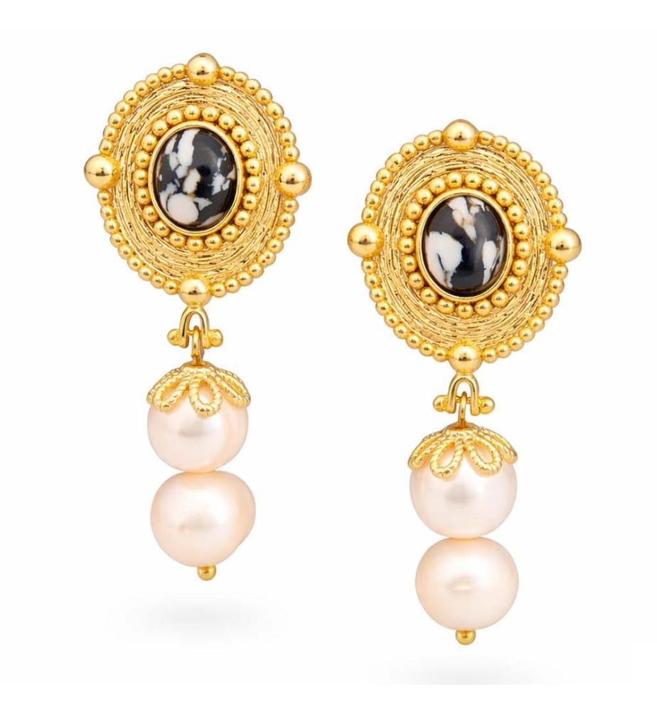 Boucles d'Oreilles Variscite et Perles - Blanc et Noir