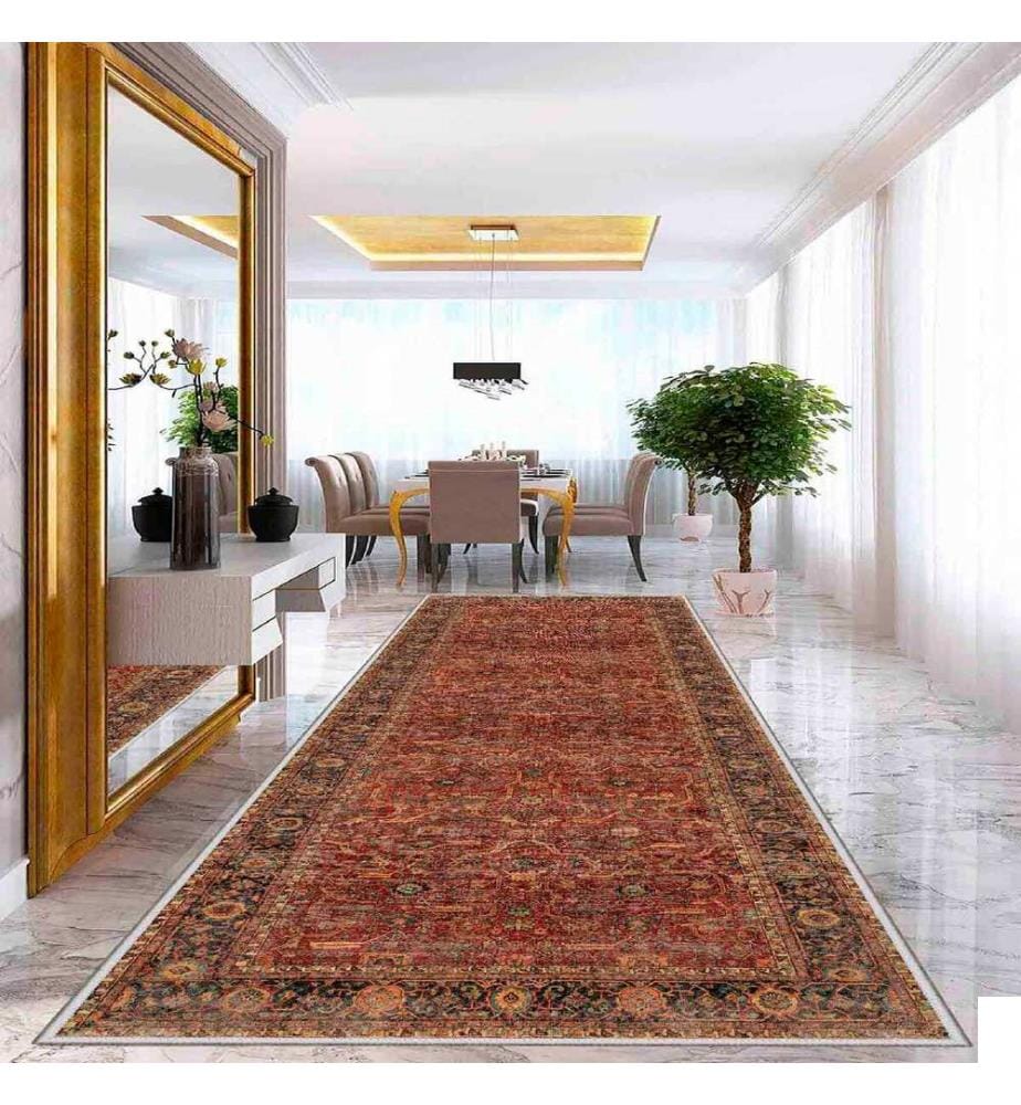 Tapis, carrelage rouge, camel, noir, 100% polyester, 80 x 150 cm