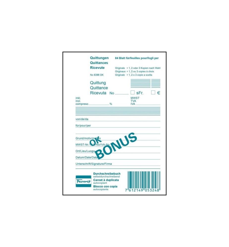 Bloc autocopiant Favorit 104 x 144 mm Quittances Bonus, 84 feuilles