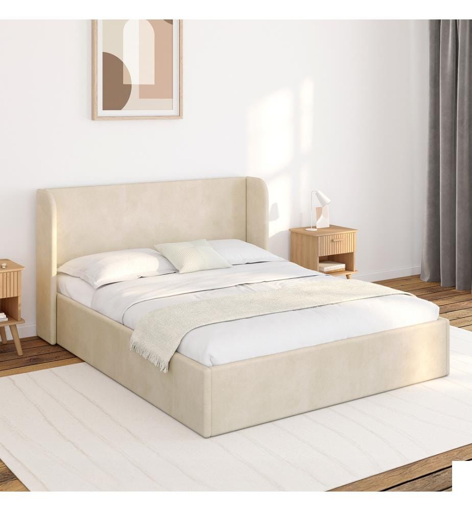 Lit coffre Lucia en velours beige avec sommier et tête de lit 140x190cm