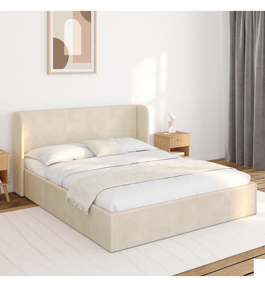 Lit coffre Lucia en velours beige avec sommier et tête de lit 160x200cm