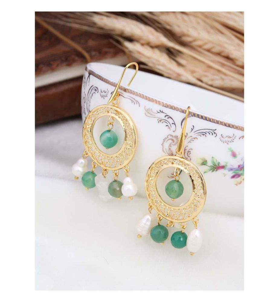 Boucles d'oreilles en quartz vert et perles - Bleu et blanc