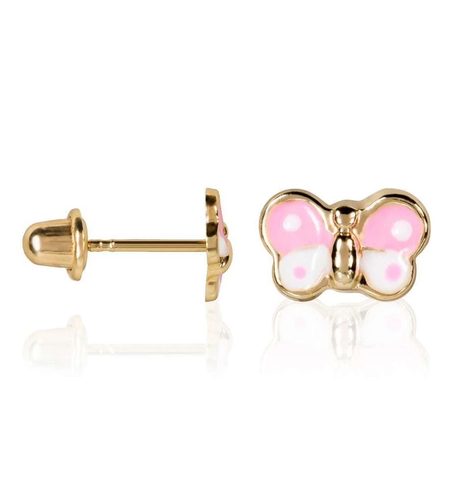 Boucles d'Oreilles Papillon Rose - Or Jaune 375/1000