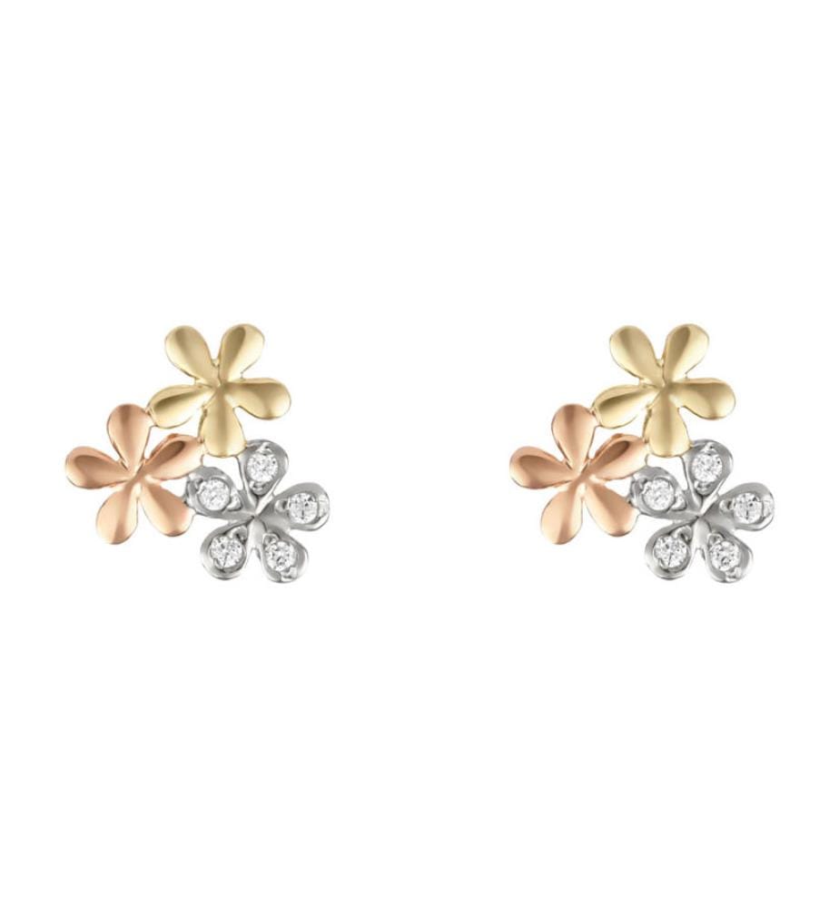 Boucles d'Oreilles, Minis Fleurs, Or Blanc, Jaune et Rose et Zirconium