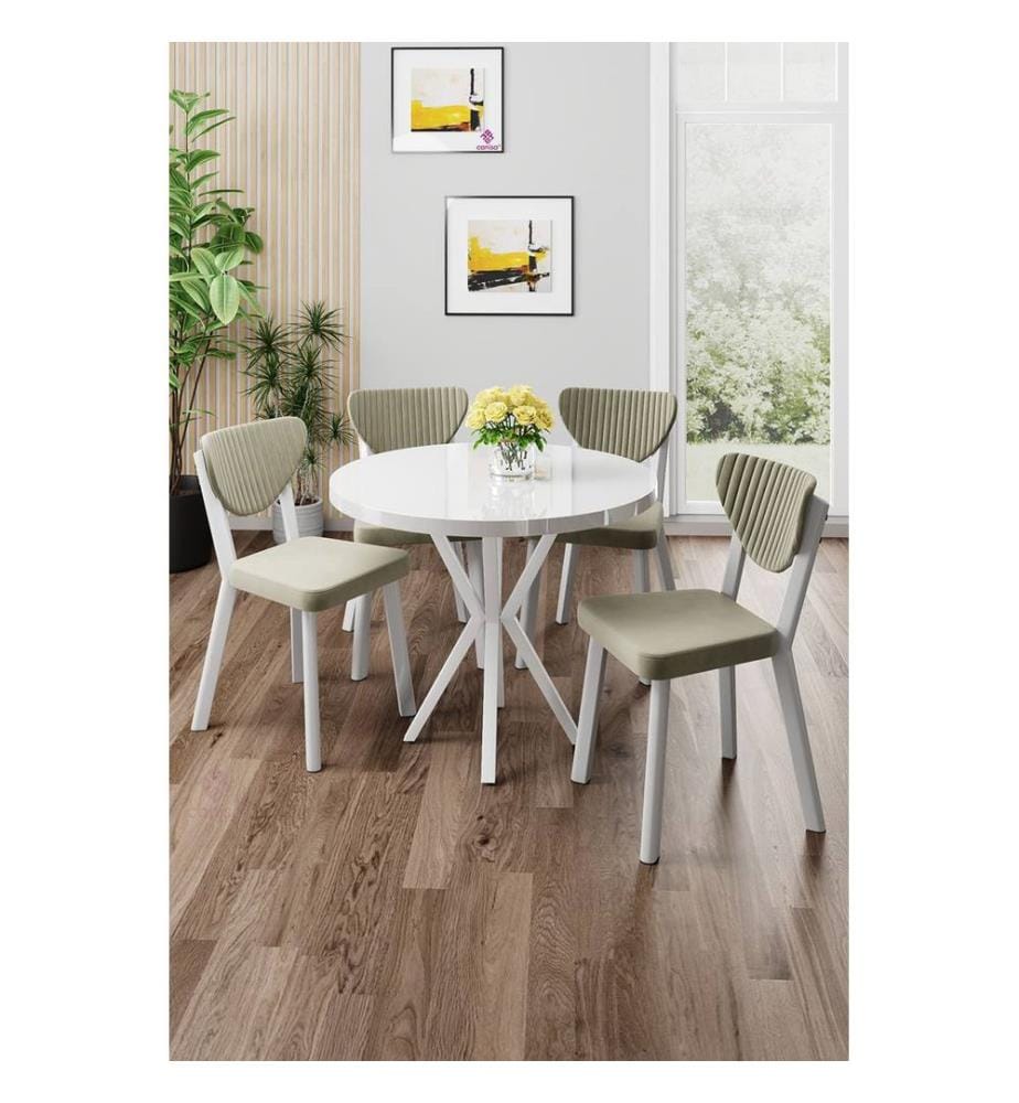 Ensemble table et chaises de salle à manger, 5 pièces, panneaux de particules mélaminés, blanc et crème.