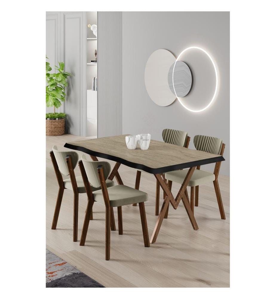 Ensemble table et chaises de salle à manger, 5 pièces, 100 % MDF, travertin, crème