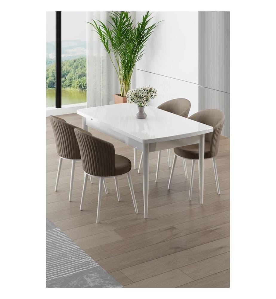 Ensemble table et chaises extensibles, 5 pièces, 100 % MDF, blanc, cappuccino
