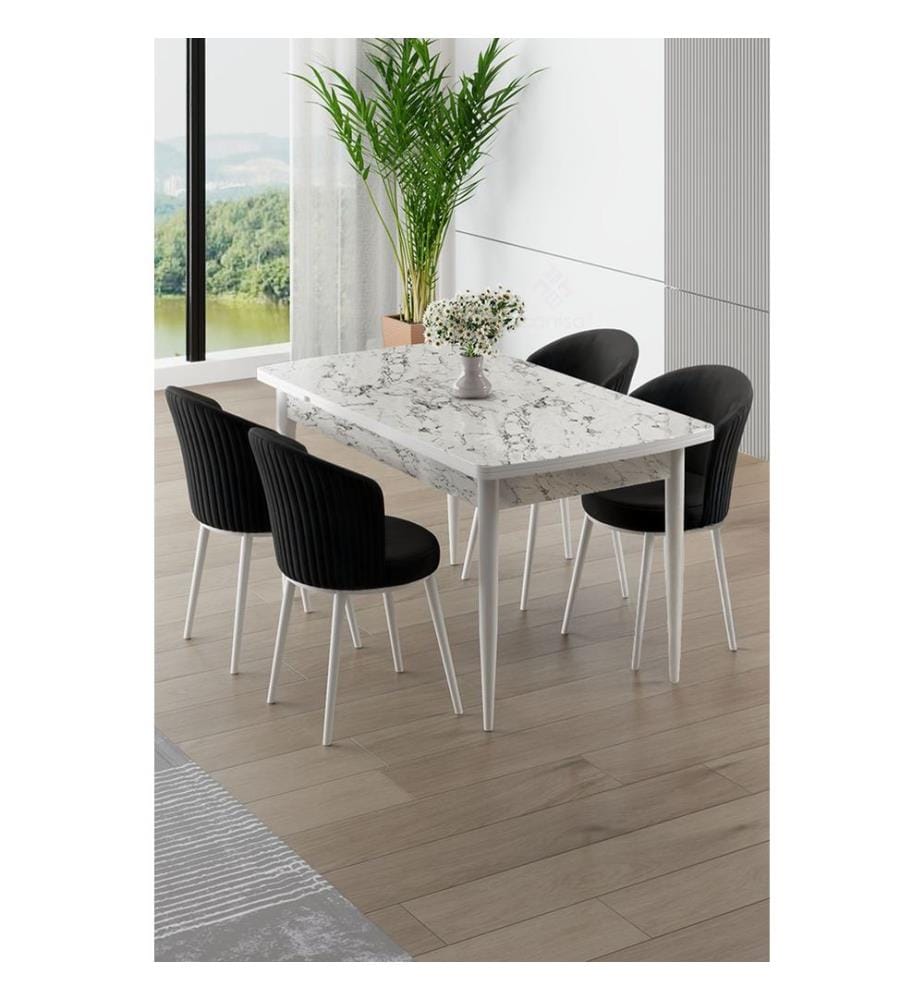 Ensemble table et chaises de salle à manger extensibles, 5 pièces, 100 % MDF, marbre blanc, noir