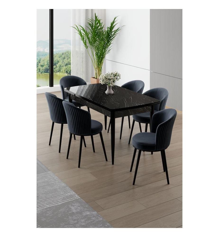 Ensemble table et chaises extensibles, 7 pièces, 100 % MDF, marbre noir, anthracite