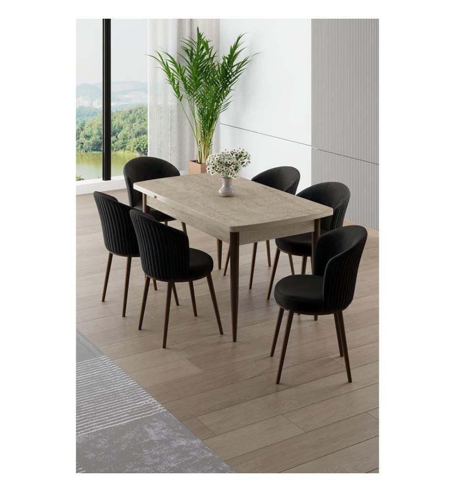 Ensemble table et chaises de salle à manger extensibles, 7 pièces, 100 % MDF, travertin, noir