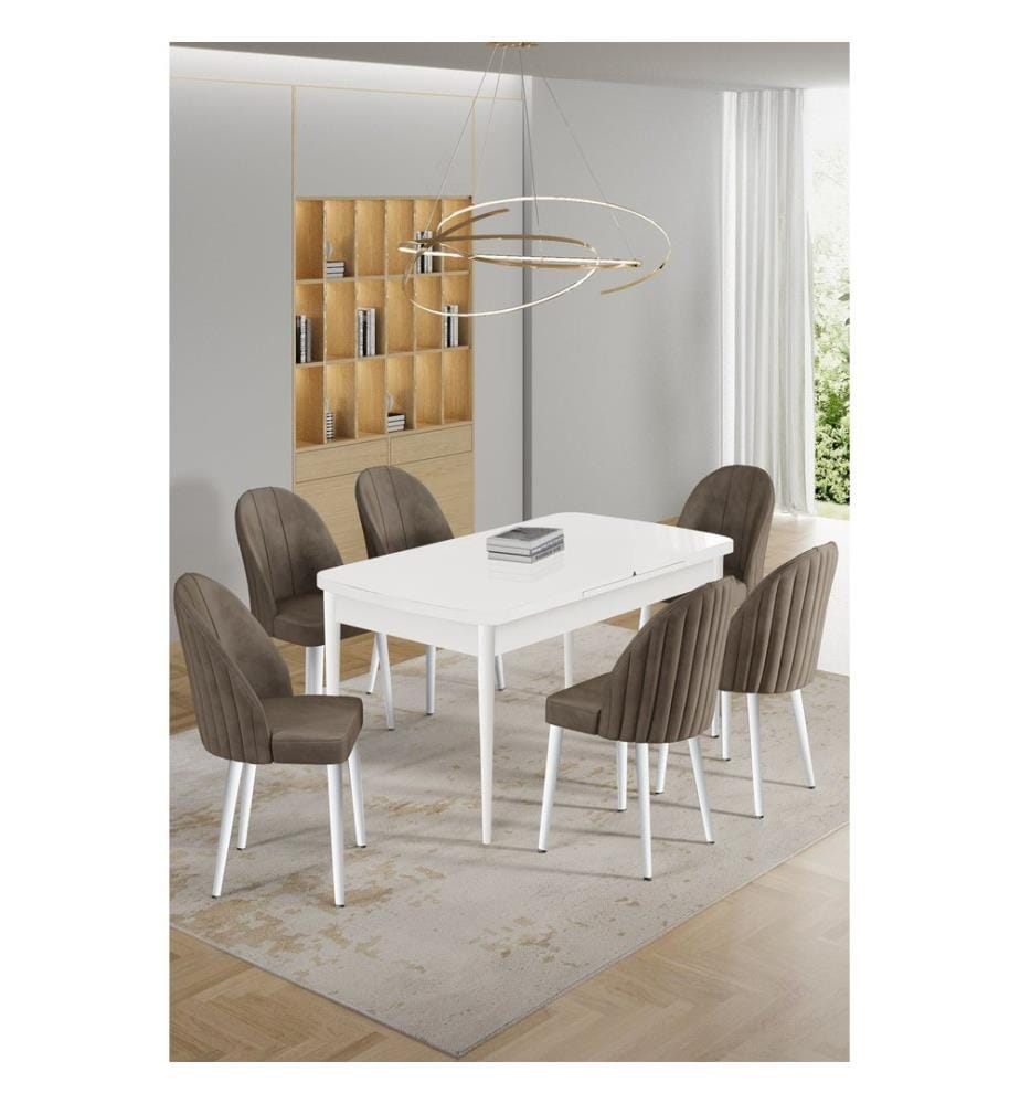 Ensemble table et chaises extensibles, 7 pièces, panneaux de particules mélaminés, blanc, cappuccino