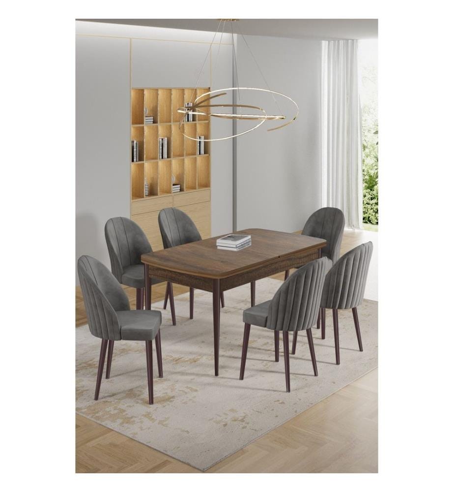 Ensemble table et chaises extensibles, 7 pièces, panneaux de particules mélaminés, style baroque, gris