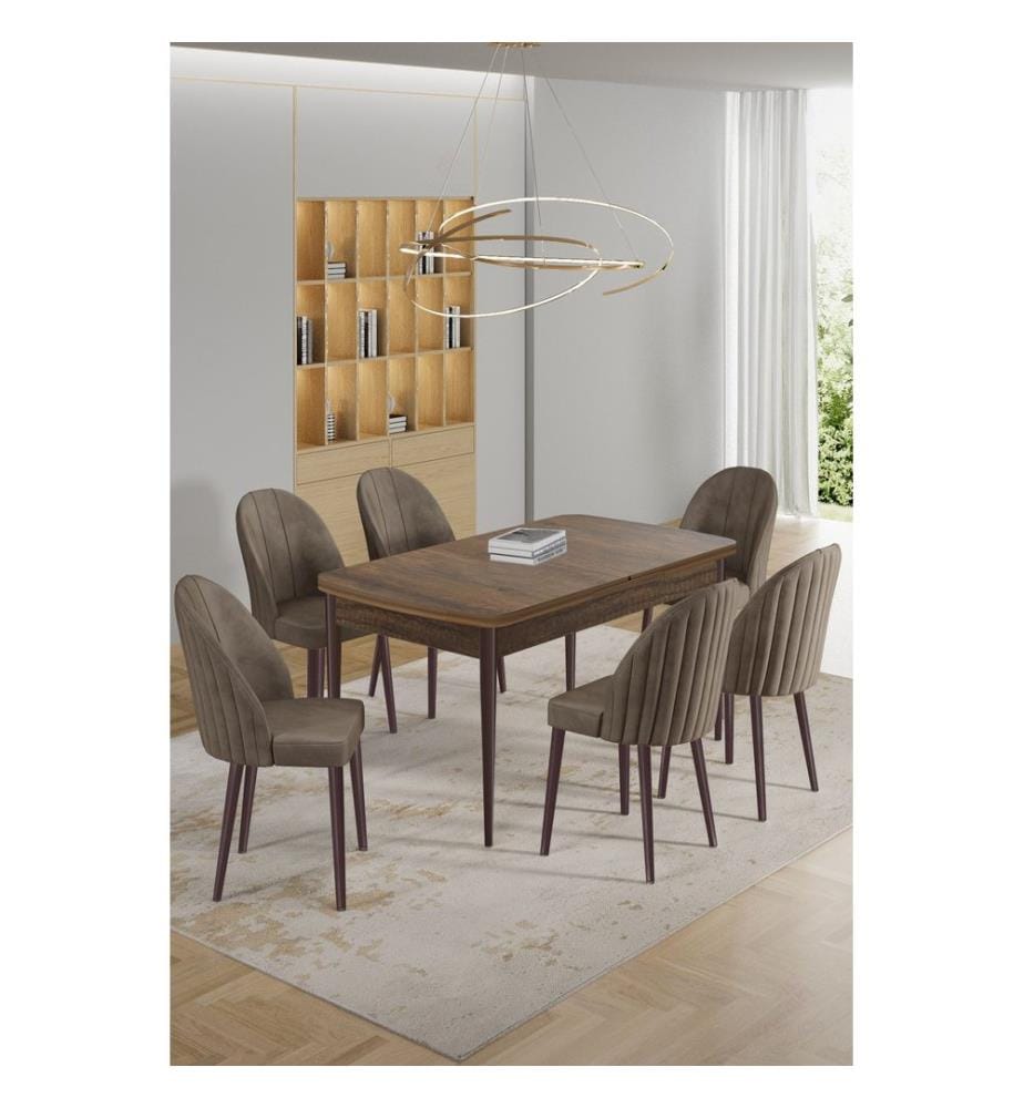 Ensemble table et chaises extensibles, 7 pièces, panneaux de particules mélaminés, style baroque, cappuccino