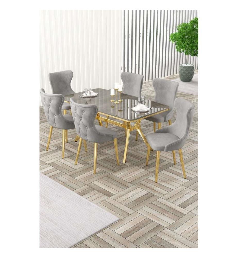 Ensemble table et chaises extensibles, 7 pièces, panneau 100 % laqué, anthracite, or, gris