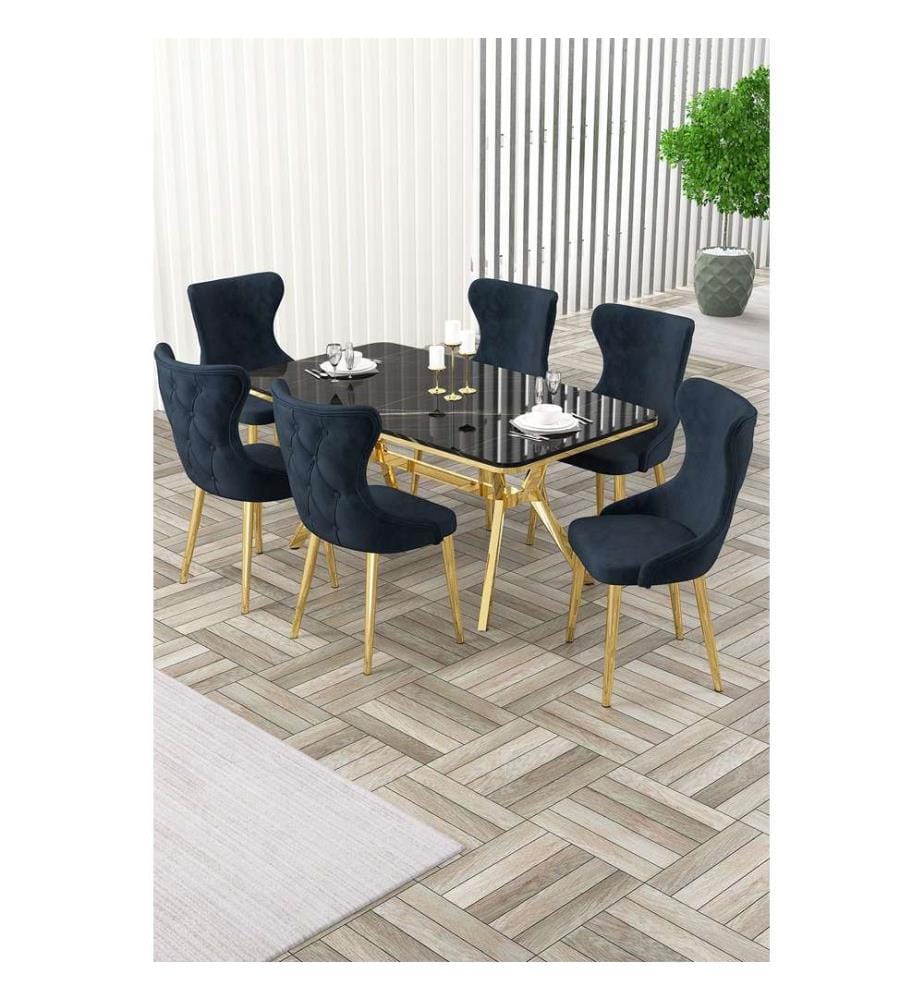 Ensemble table et chaises extensibles, 7 pièces, panneau 100 % laqué, marbre noir, or, anthracite