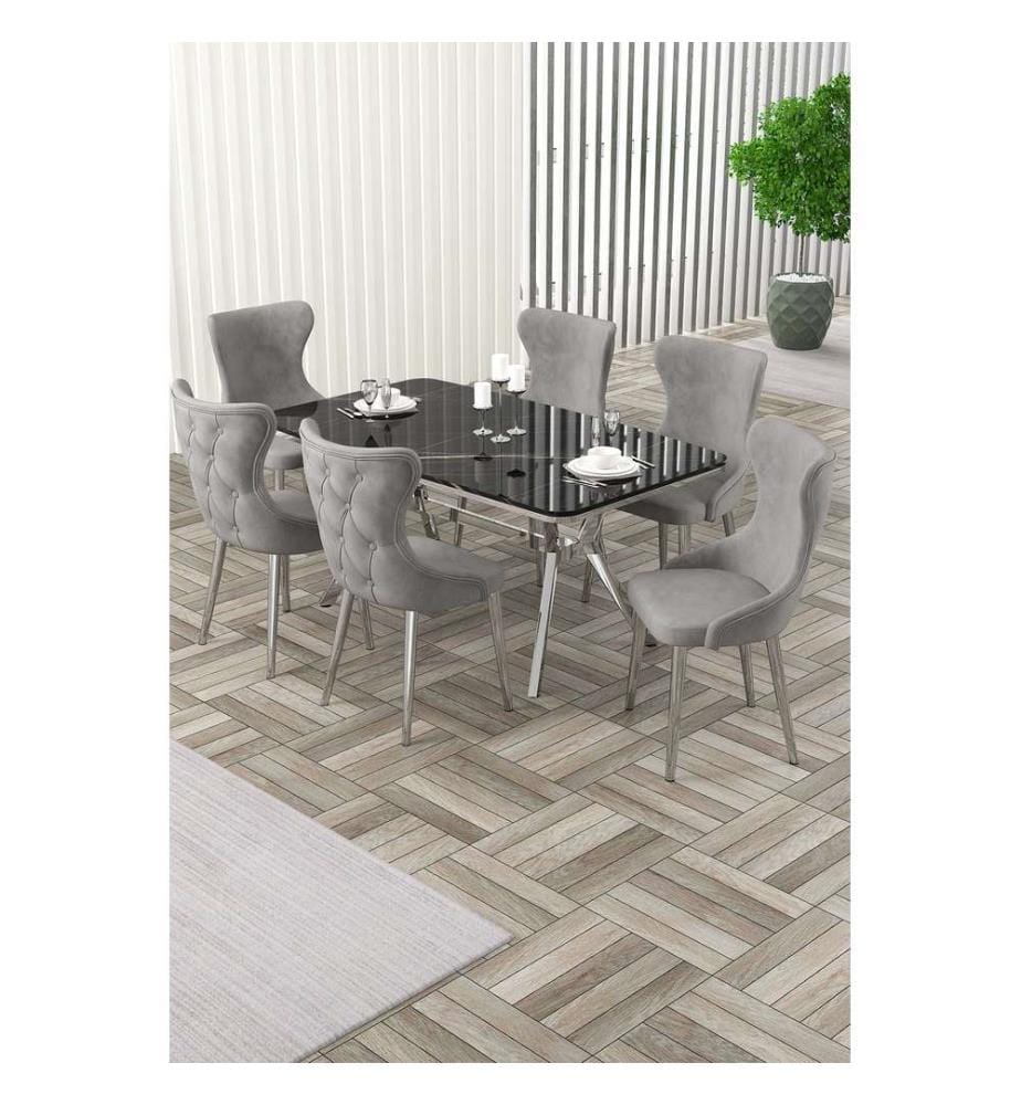 Ensemble table et chaises extensibles, 7 pièces, panneau 100 % laqué, marbre noir, chrome, gris