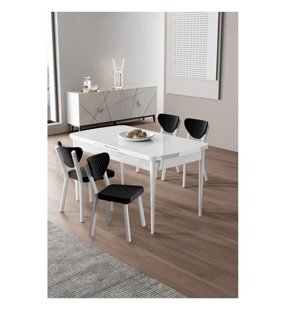 Ensemble table et chaises extensibles, 5 pièces, panneaux de particules mélaminés, blanc et noir.