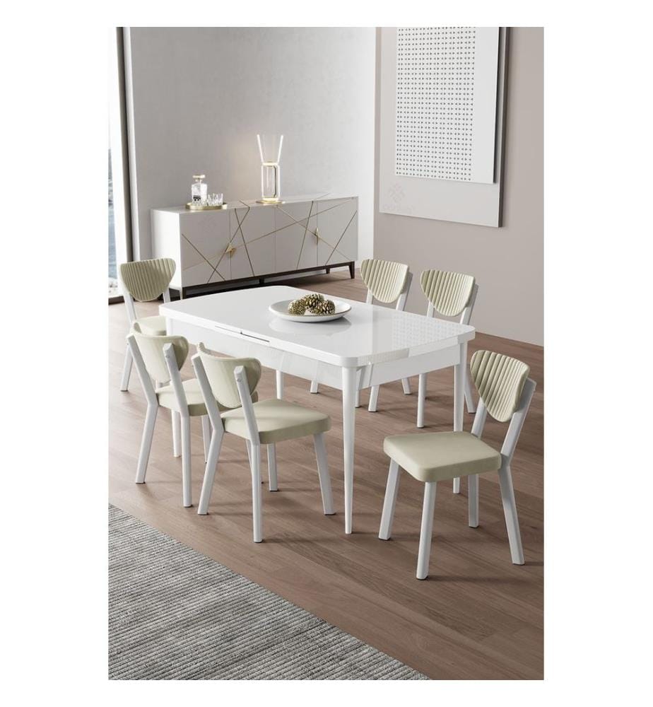 Ensemble table et chaises extensibles, 7 pièces, panneaux de particules mélaminés, blanc et crème.