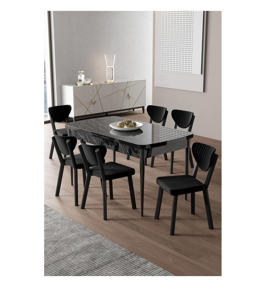 Ensemble table et chaises extensibles, 7 pièces, panneaux de particules mélaminés, marbre noir, noir