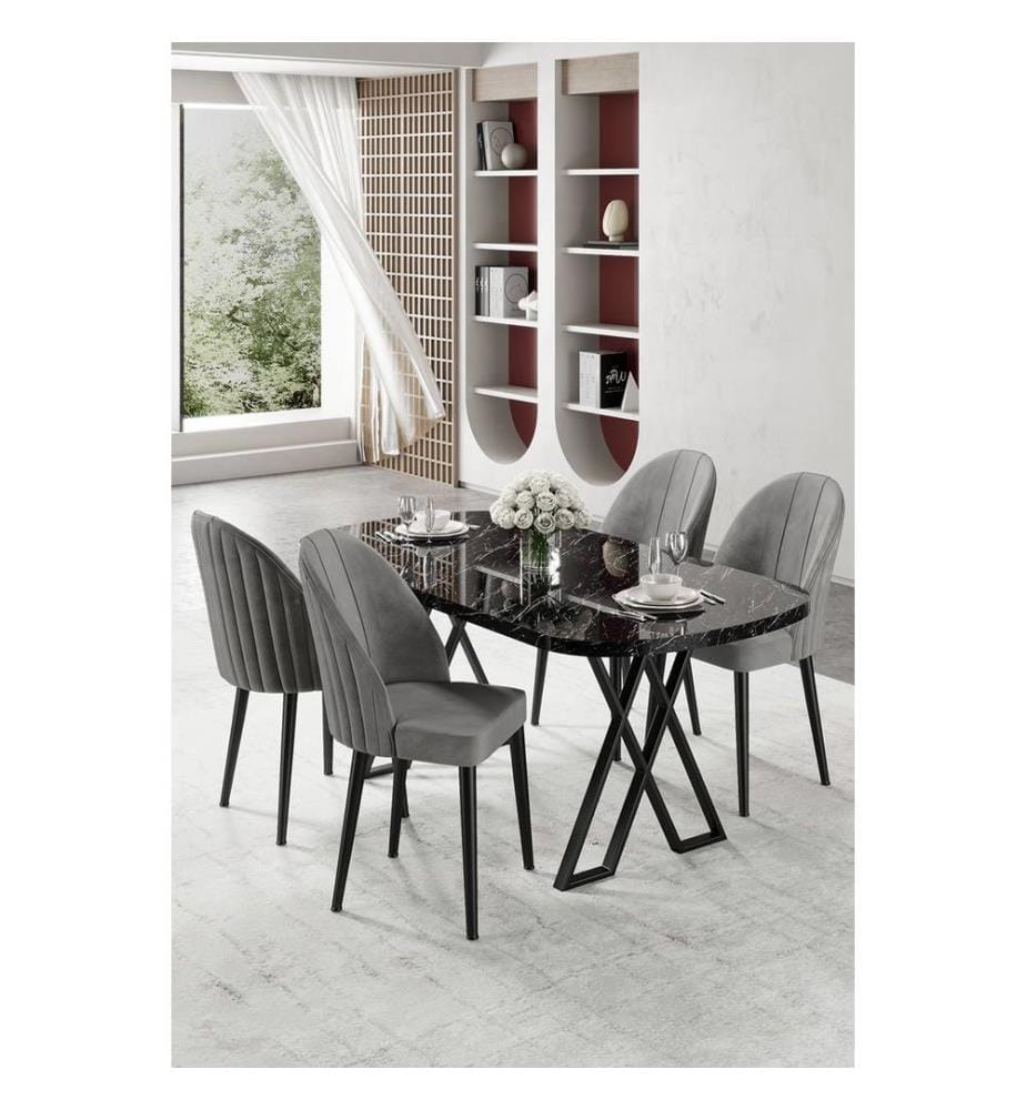Ensemble table et chaises de salle à manger, 5 pièces, 100 % MDF, marbre noir, gris