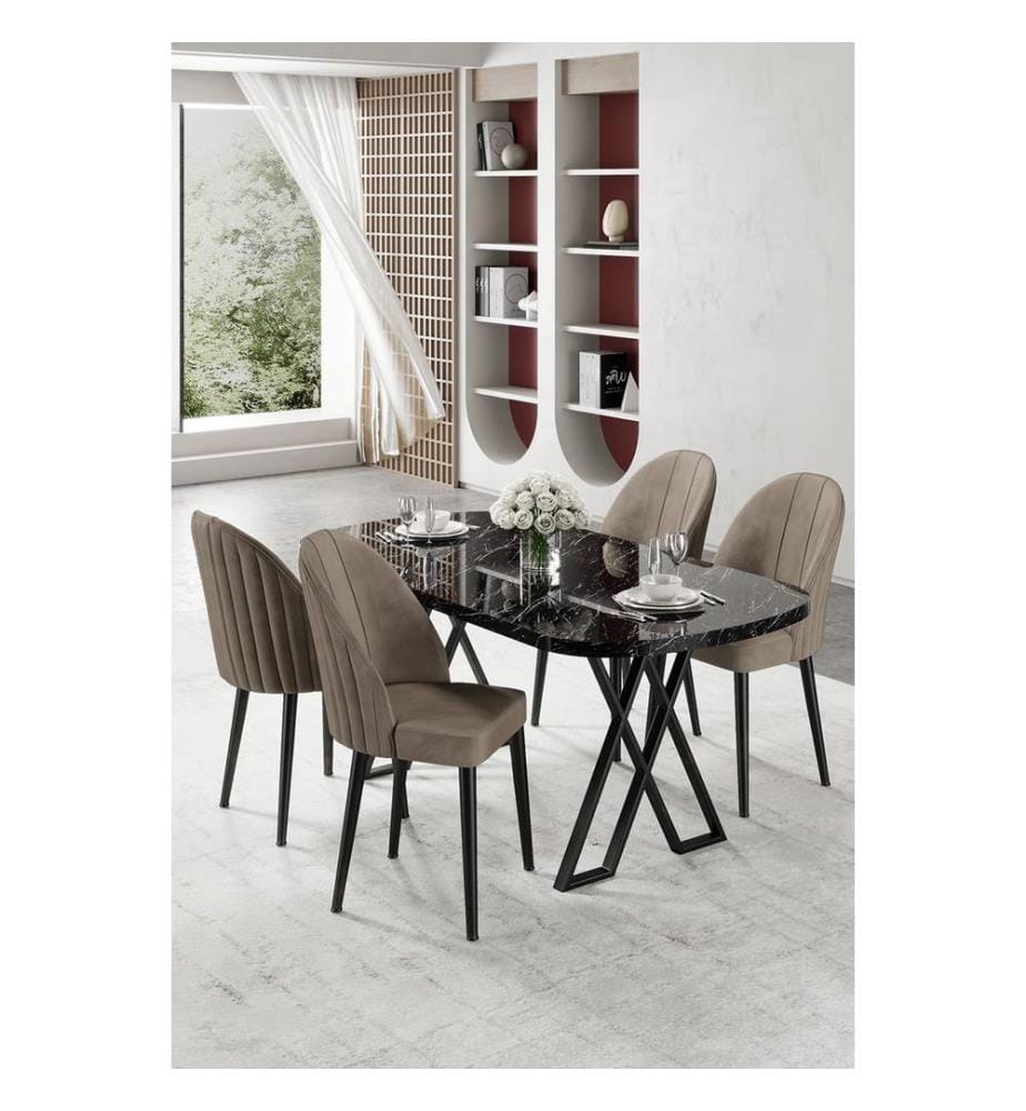 Ensemble table et chaises de salle à manger, 5 pièces, 100 % MDF, marbre noir, cappuccino