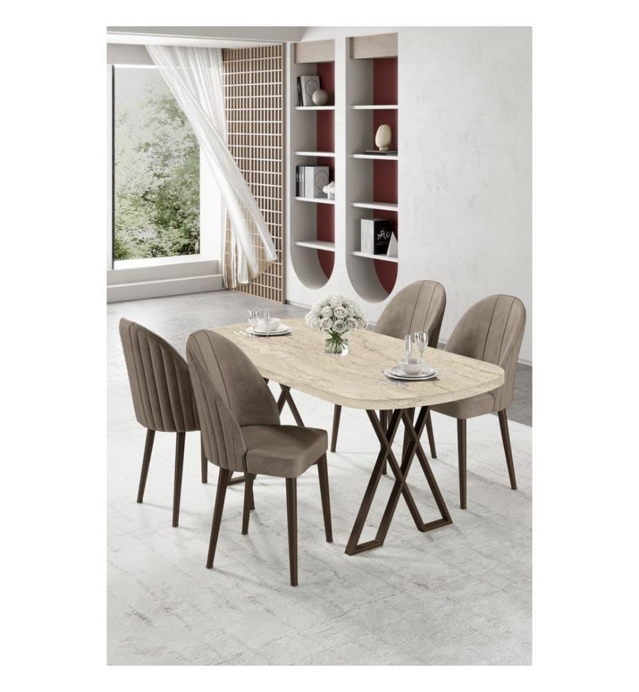 Ensemble table et chaises de salle à manger, 5 pièces, 100 % MDF, travertin, cappuccino